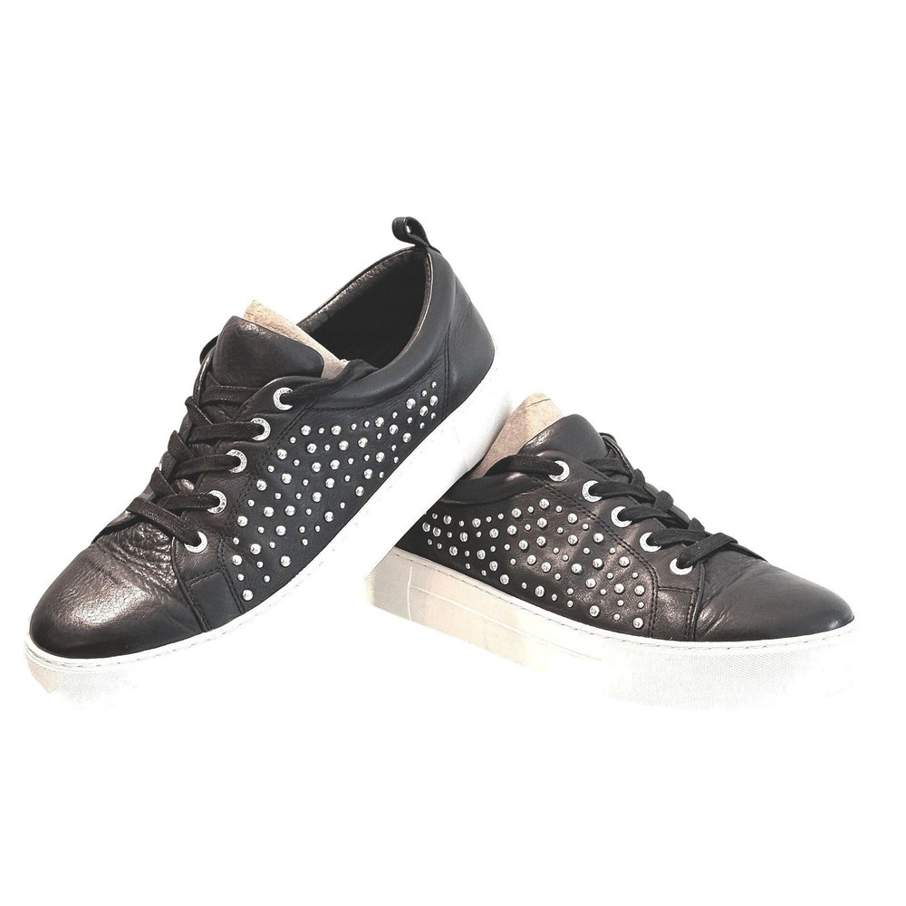 J/Slides NYC Black Leather Studded Platform Sneakers Silver Anteek Size 8.5